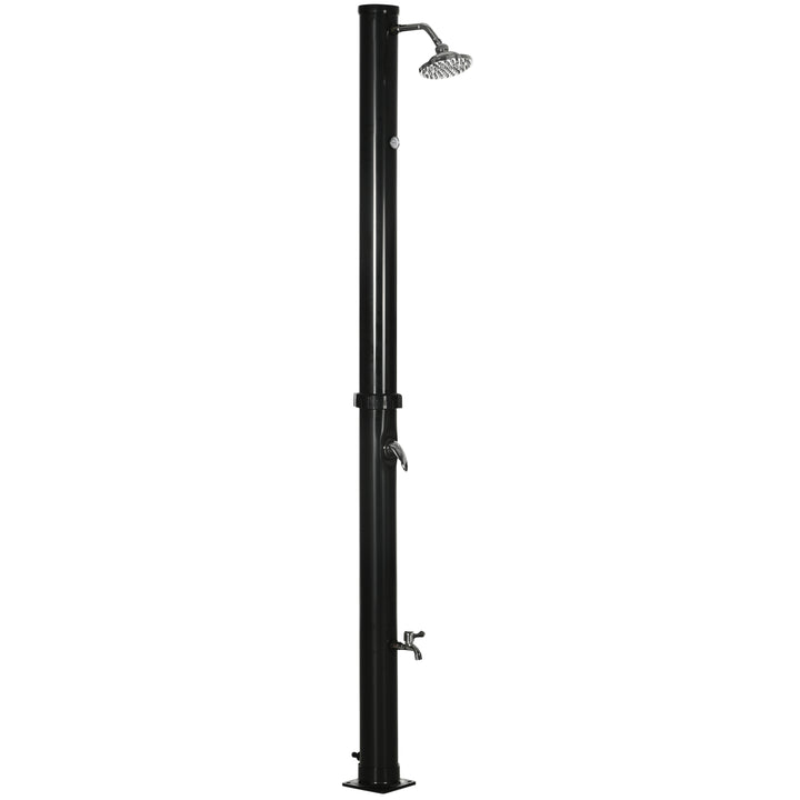 Duche Solar de Jardim 20L Duche de Exterior com Cabeçal Redondo Torneira de Água Quente Máximo 60? e Duche de Pés para Piscina Pátio Praia 15,5x15,5x222 cm Preto