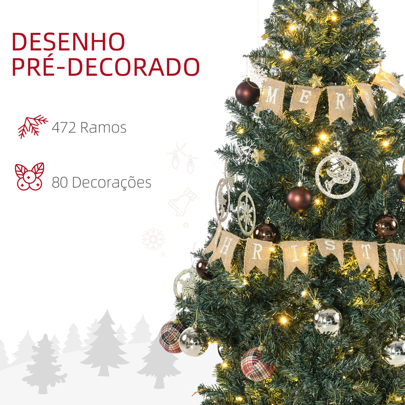 Árvore de Natal Artificial 150 cm com 100 Luzes LED Árvore de Natal com 472 Ramos e 80 Decorações para Interior Aço Ø91x150 cm Verde