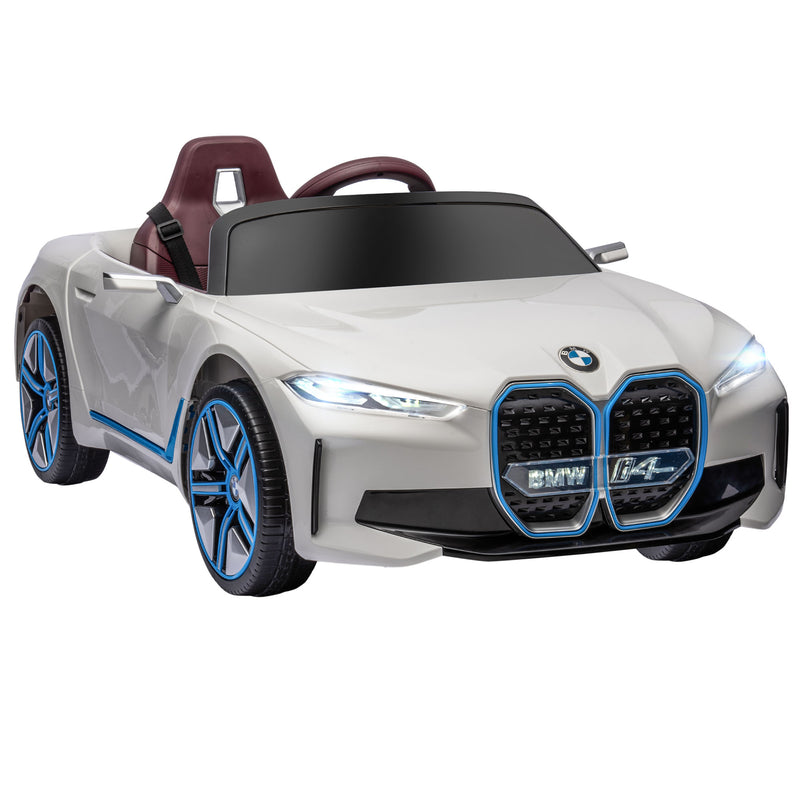 Carro Elétrico para Crianças 37-72 Meses com Licença BMW i4 Carro a Bateria 12V com Controlo Remoto Música MP3 Ecrã Luzes e Cinto de Segurança 115x67x45 cm Branco