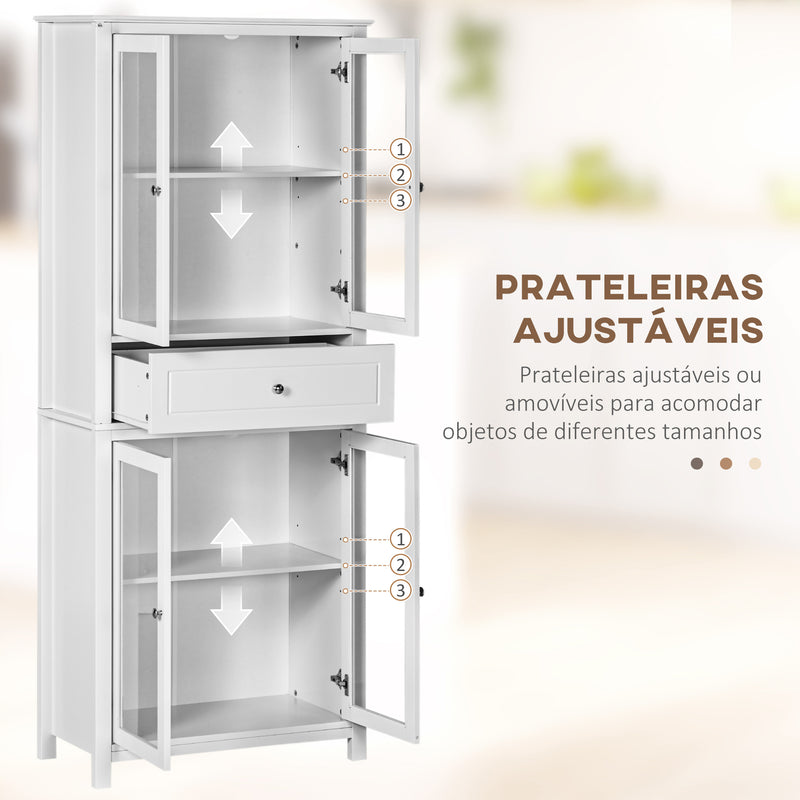 Armário de Cozinha Móvel Auxiliar com 4 Portas de Vidro Temperado Gaveta e Prateleiras Ajustáveis para Sala de Estar Sala de Jantar 74x35,5x181,5 cm Branco