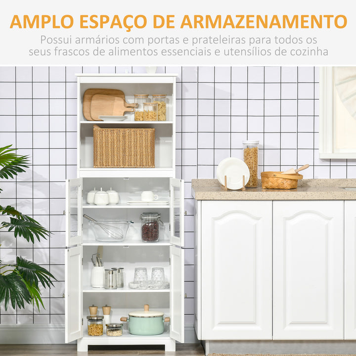 Armário de Cozinha com 2 Portas de Vidro Temperado 2 Prateleiras Abertas e Armário com Prateleira Ajustável para Sala de Estar 60x30x162 cm Branco