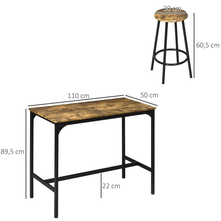 Conjunto de Móveis Altos Mesa e Cadeiras de Bar com 5 Peças Mesa de Refeição Industrial e 4 Bancos Redondos com Estrutura de Metal para Pub Sala de Jantar Marrom Rústico e Preto