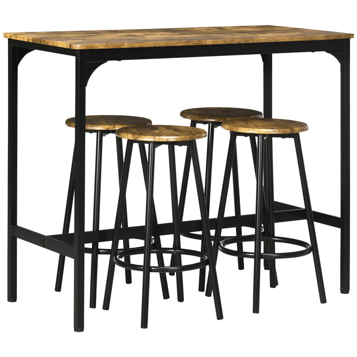 Conjunto de Móveis Altos Mesa e Cadeiras de Bar com 5 Peças Mesa de Refeição Industrial e 4 Bancos Redondos com Estrutura de Metal para Pub Sala de Jantar Marrom Rústico e Preto