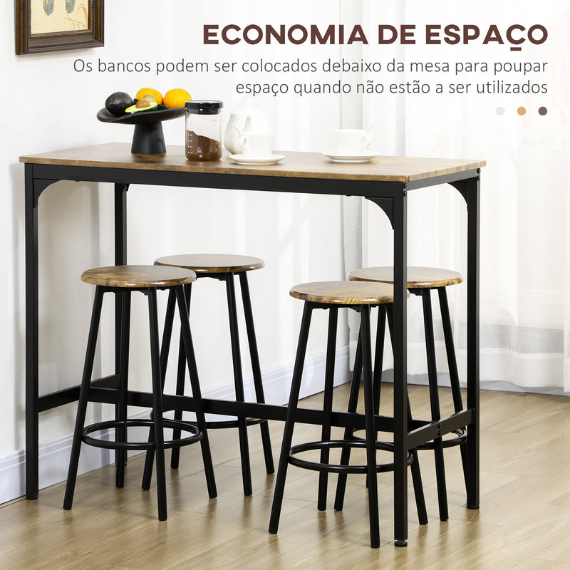 Conjunto de Móveis Altos Mesa e Cadeiras de Bar com 5 Peças Mesa de Refeição Industrial e 4 Bancos Redondos com Estrutura de Metal para Pub Sala de Jantar Marrom Rústico e Preto