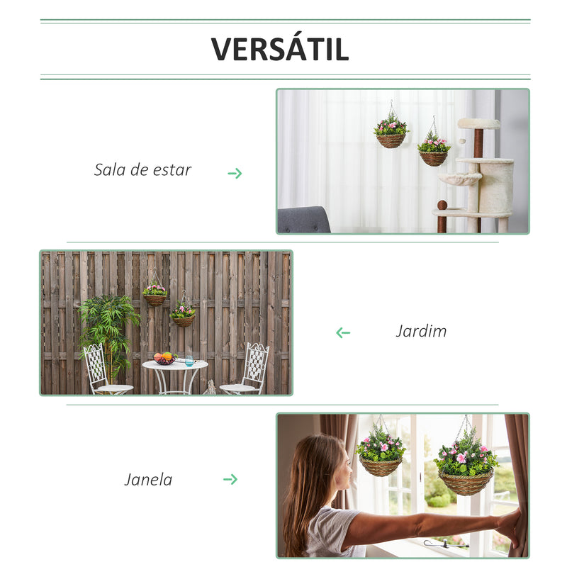 Conjunto de 2 Plantas Lisianthus Suspensas Artificiais para Interior e Exterior com Vaso e Vime e Correia Ø25x34 cm Rosa e Verde