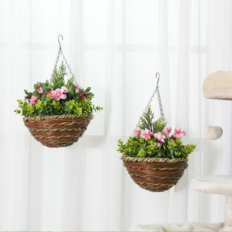 Conjunto de 2 Plantas Lisianthus Suspensas Artificiais para Interior e Exterior com Vaso e Vime e Correia Ø25x34 cm Rosa e Verde