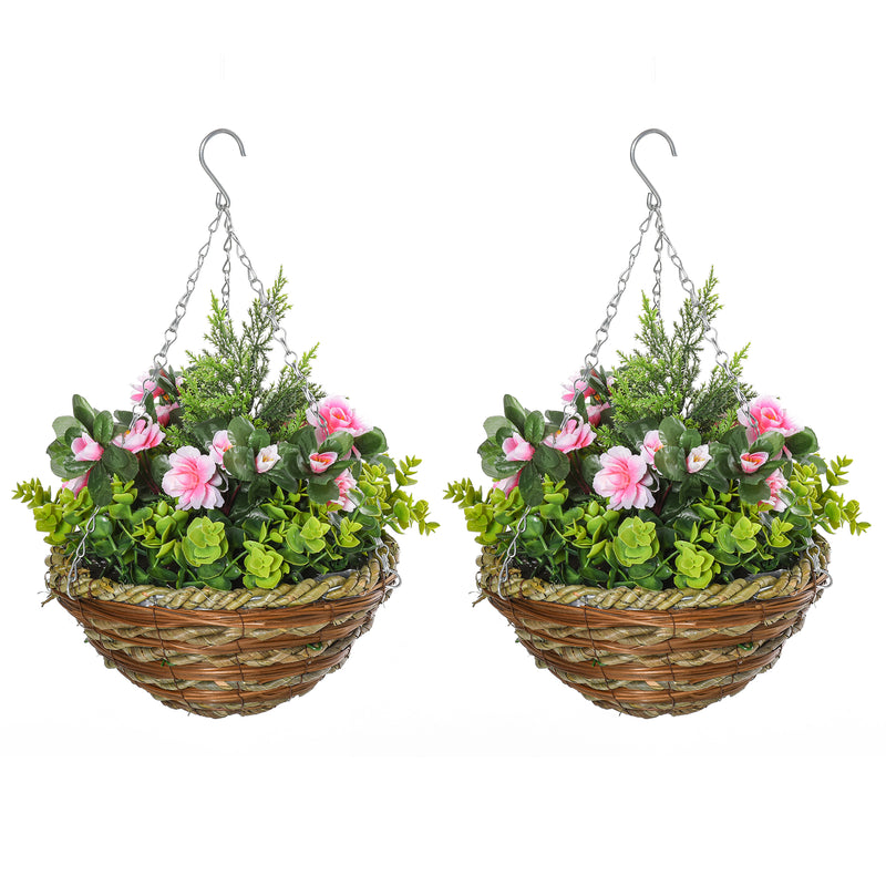 Conjunto de 2 Plantas Lisianthus Suspensas Artificiais para Interior e Exterior com Vaso e Vime e Correia Ø25x34 cm Rosa e Verde