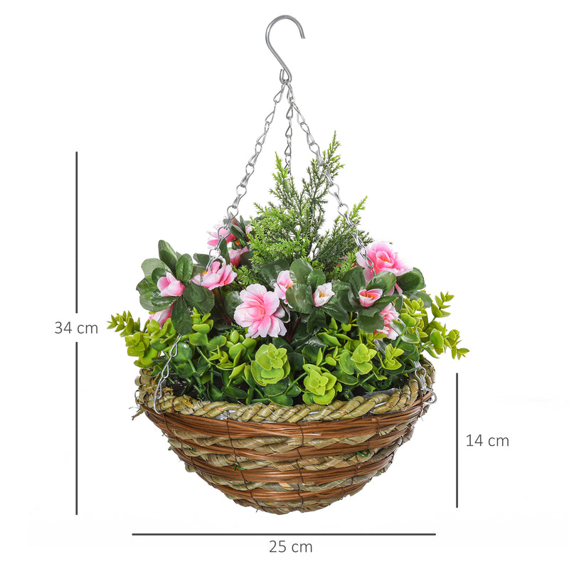 Conjunto de 2 Plantas Lisianthus Suspensas Artificiais para Interior e Exterior com Vaso e Vime e Correia Ø25x34 cm Rosa e Verde