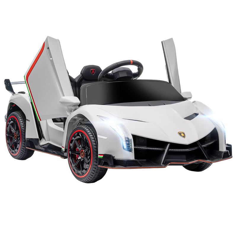 Carro Elétrico Lamborghini para Crianças de 3 a 6 Anos Carro a Bateria 12V Velocidade Máxima 7 km/h com Controlo Remoto MP3 Luzes e Cinto de Segurança 111x61x45 cm Branco