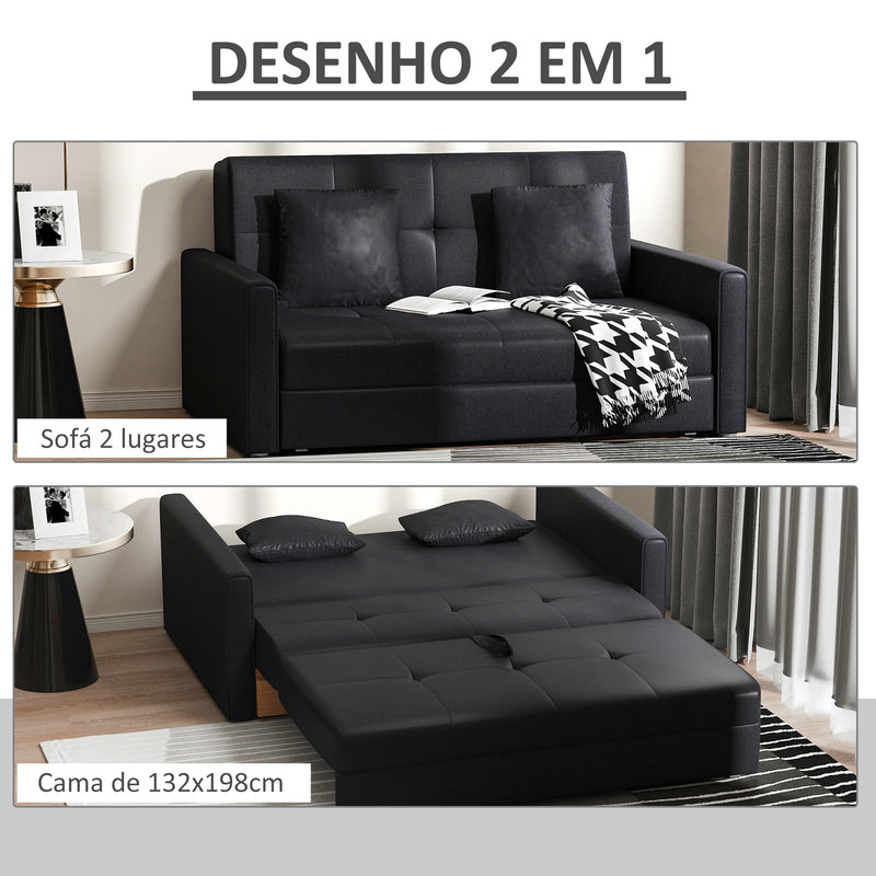 Sofá Cama de 2 Lugares Estofado em Algodão com 2 Almofadas Apoio para os Braços e Armazenamento Sofá Duplo Moderno para Sala de Estar Escritório 152x101x81cm Cinza Carvão