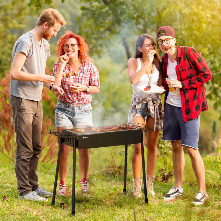Barbecue a Carvão com 2 Grelhas de Aço Inoxidável Barbecue Portátil com 2 Prateleiras para Temperos com Ganchos para Campismo Jardim 77x30x70 cm Preto