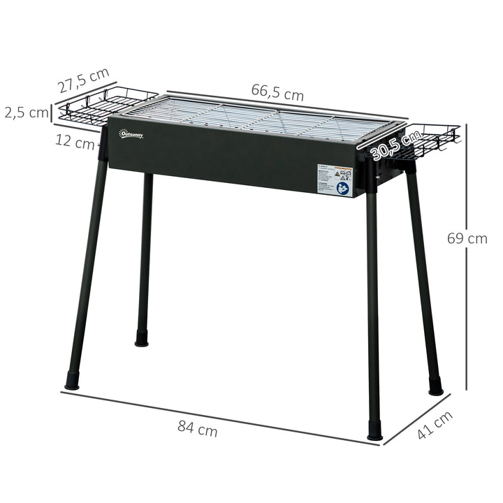 Barbecue a Carvão com 2 Grelhas de Aço Inoxidável Barbecue Portátil com 2 Prateleiras para Temperos com Ganchos para Campismo Jardim 77x30x70 cm Preto