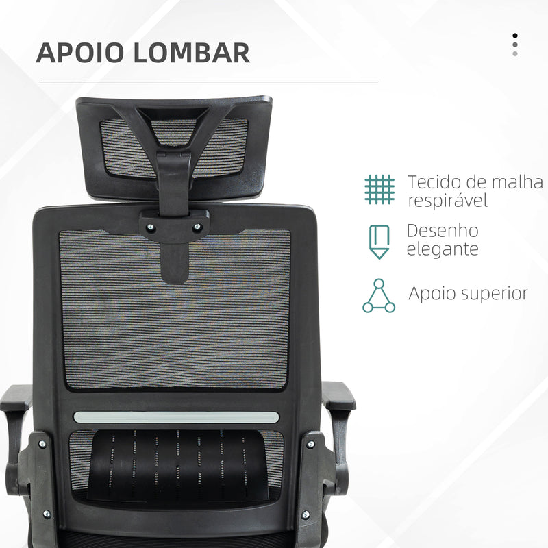 Cadeira de Escritório de Malha Cadeira de Escritório Giratória com Altura e Apoio para a Cabeça Ajustáveis e Apoio para os Braços Estilo Moderno Carga 120 kg para Estúdio 58x61x102-119 cm Preto