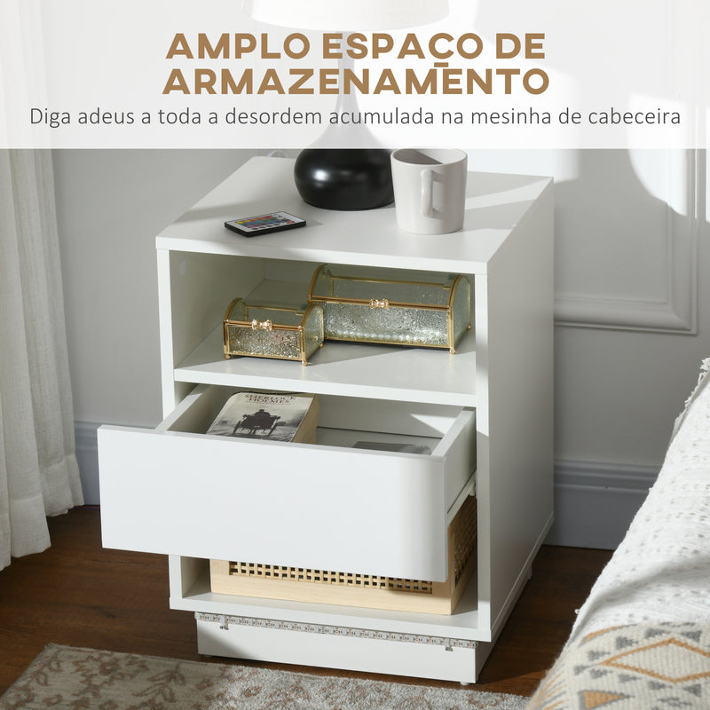 Mesa de Cabeceira Moderna com Luz LED Mesa de Cabeceira com Controlo Remoto Gaveta de Alto Brilho e 2 Prateleiras para Sala de Estar Dormitório 40x40x55 cm Branco