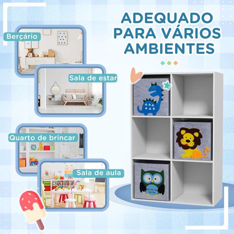 Estante para Brinquedos Estante para Crianças acima de 3 Anos com 6 Compartimentos de Armazenamento e 3 Caixas de Tecido não Tecido com Desenho de Animais 61,8x29,9x91,5 cm Branco e Cinza