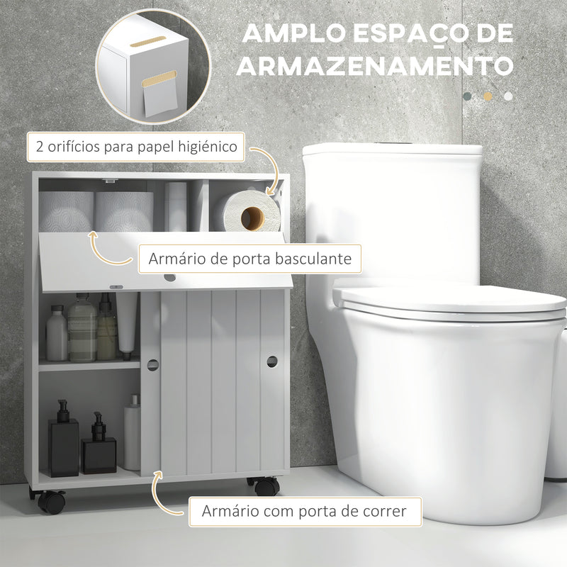 Armário Auxiliar Casa de Banho Moderno Armário Casa de Banho com 4 Rodas 2 Compartimentos para Papel Higiénico Armário e Prateleiras Ajustáveis Móvel Auxiliar de Armazenamento 52x17x67 cm Branco