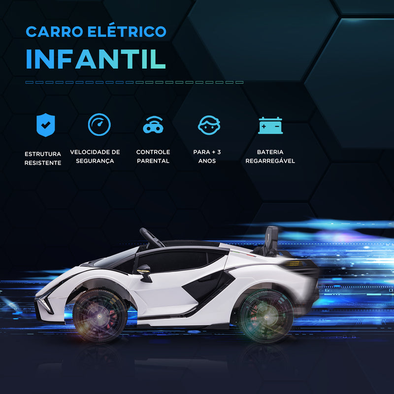 Carro Elétrico Lamborghini SIAN 12V para Crianças acima de 3 Anos com Controle Remoto Abertura da Porta Música MP3 USB e Faróis 108x62x40 cm Branco