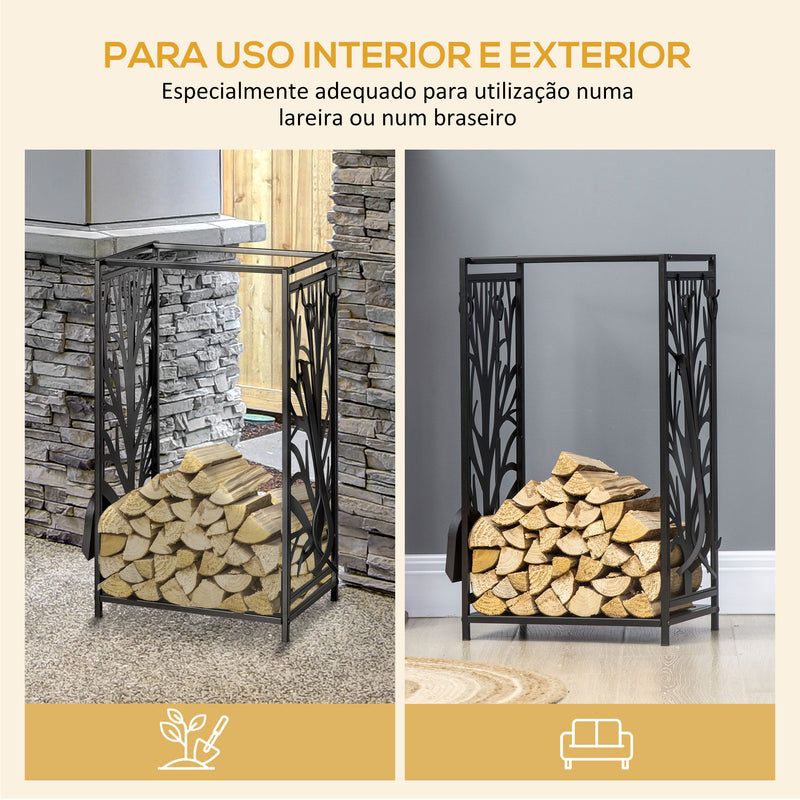 Suporte para Lenhas Suporte de Armazenamento para Lenhas 46x30x70 cm Suporte para Lenhas com 4 Ferramentas para Interior e Exterior Preto