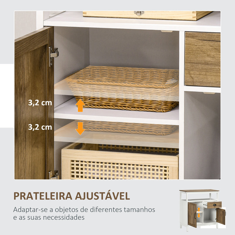 Aparador Sala de Estar Armário de Armazenamento de Madeira com 2 Portas Gaveta e Prateleira Ajustável para Sala de Jantar Cozinha Dormitório 76,6x35x81,5 cm Branco e Madeira Envelhecida