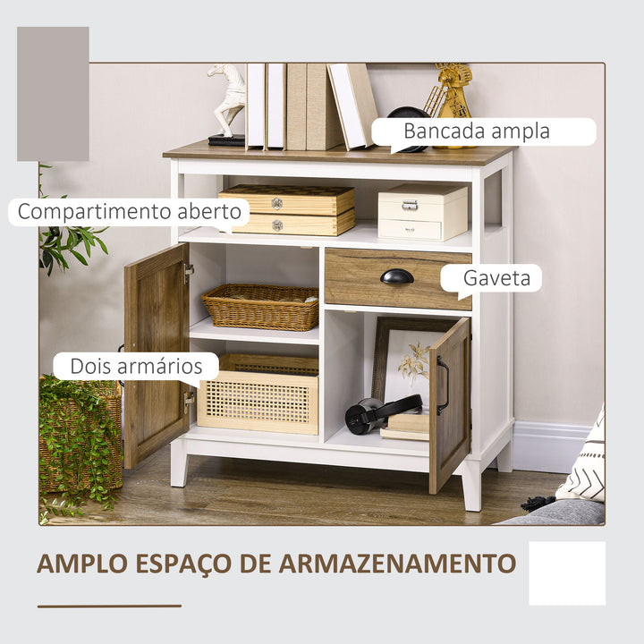 Aparador Sala de Estar Armário de Armazenamento de Madeira com 2 Portas Gaveta e Prateleira Ajustável para Sala de Jantar Cozinha Dormitório 76,6x35x81,5 cm Branco e Madeira Envelhecida