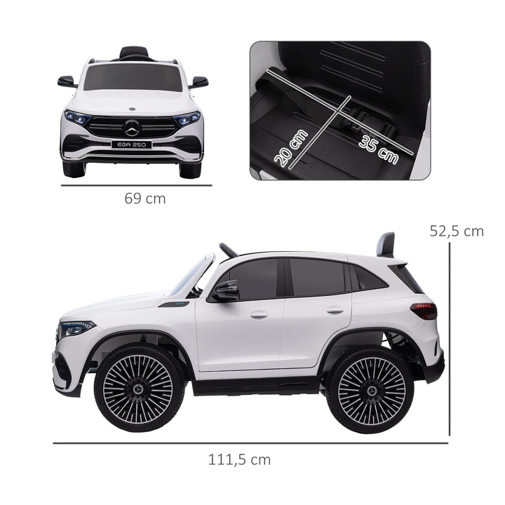 Carro Elétrico para Crianças Mercedes-Benz EQA Carro a Bateria 12V com Controlo Remoto Música Buzina Velocidade 3-8 km/h para Crianças 3-8 Anos 111,5x69x52,5 cm Branco