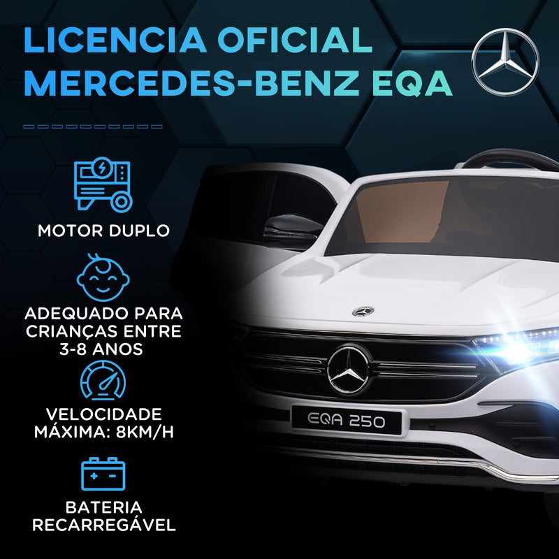 Carro Elétrico para Crianças Mercedes-Benz EQA Carro a Bateria 12V com Controlo Remoto Música Buzina Velocidade 3-8 km/h para Crianças 3-8 Anos 111,5x69x52,5 cm Branco