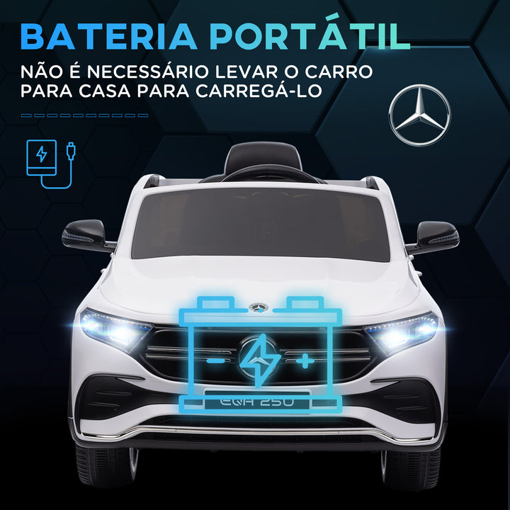 Carro Elétrico para Crianças Mercedes-Benz EQA Carro a Bateria 12V com Controlo Remoto Música Buzina Velocidade 3-8 km/h para Crianças 3-8 Anos 111,5x69x52,5 cm Branco
