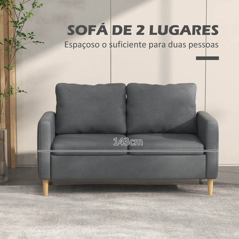 Sofá de 2 Lugares Sofá Moderno Estofado em Poliéster com 2 Bolsos Laterais Apoio para os braços e Pés de Madeira para Sala de Estar Escritório Carga 200 kg 143x76x83 cm Cinza