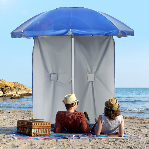 Chapéu de Sol de Praia com Painel Lateral Ø191x211 cm Chapéu de Sol de Praia com Manivela Manual Teto Inclinável 2 Bolsos e 2 Janelas para Jardim Piscina Azul