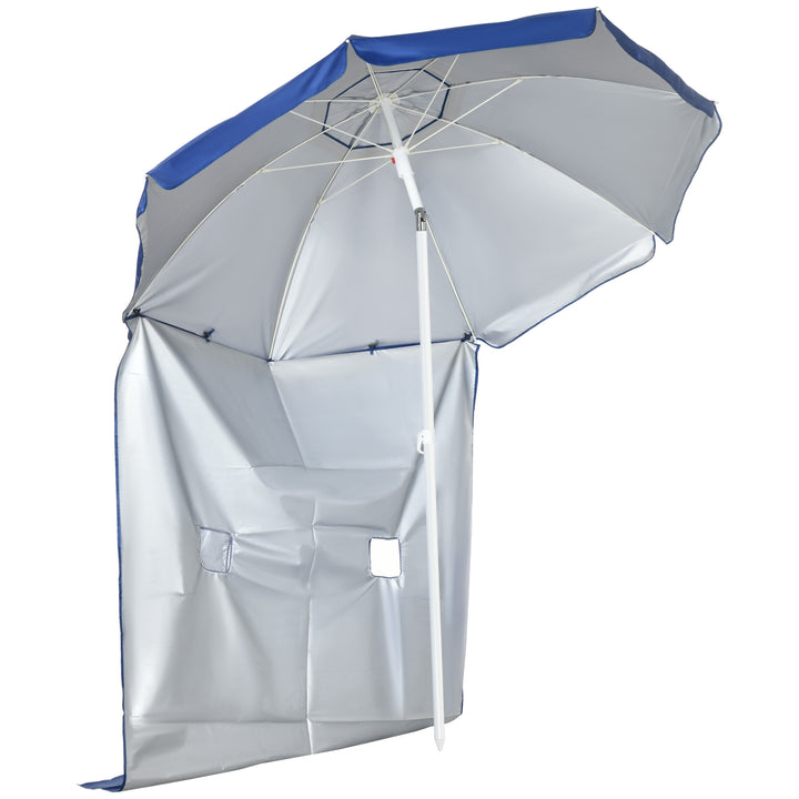 Chapéu de Sol de Praia com Painel Lateral Ø191x211 cm Chapéu de Sol de Praia com Manivela Manual Teto Inclinável 2 Bolsos e 2 Janelas para Jardim Piscina Azul