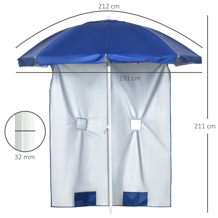 Chapéu de Sol de Praia com Painel Lateral Ø191x211 cm Chapéu de Sol de Praia com Manivela Manual Teto Inclinável 2 Bolsos e 2 Janelas para Jardim Piscina Azul