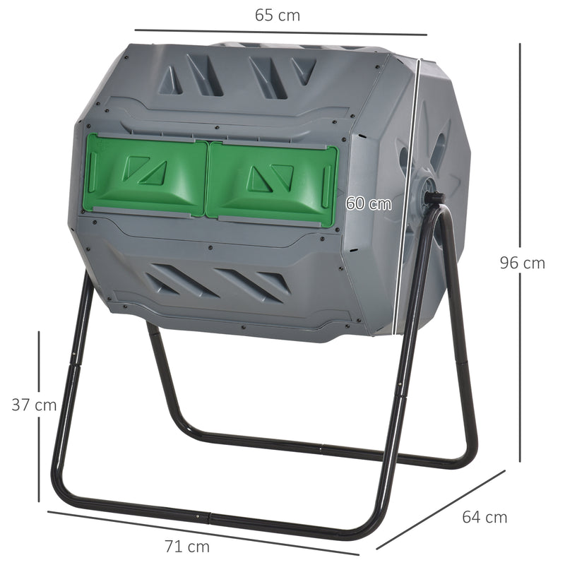 Compostor de Tambor Giratório com Capacidade 160L de Dupla Câmera e Ventilação Estrutura de Aço para Resíduos Orgânicos de Jardim 71x65x96 cm Cinza e Verde