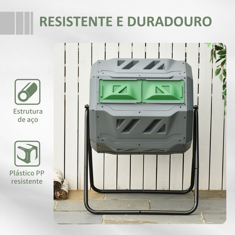 Compostor de Tambor Giratório com Capacidade 160L de Dupla Câmera e Ventilação Estrutura de Aço para Resíduos Orgânicos de Jardim 71x65x96 cm Cinza e Verde