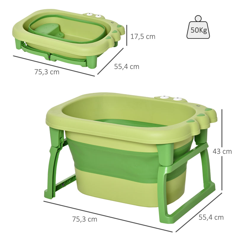 Banheira Dobrável para Bebé de 0-6 Anos Capacidade 105L Banheira Portátil para Crianças com Pés Antiderrapantes e Orifício de Drenagem Carga Máxima 50kg 75,3x55,4x43 cm Verde