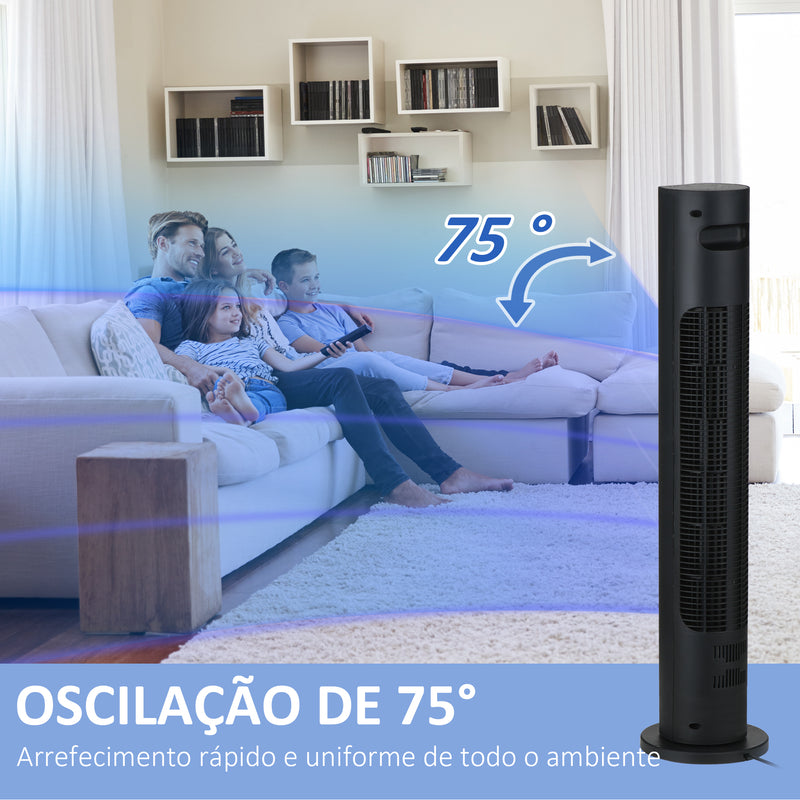 Ventoinha de Coluna com Controlo Remoto Oscilação de 75° Temporizador 3 Velocidades 3 Modos Silencioso para Casa Dormitório Escritório Ø18x78,5 cm Preto