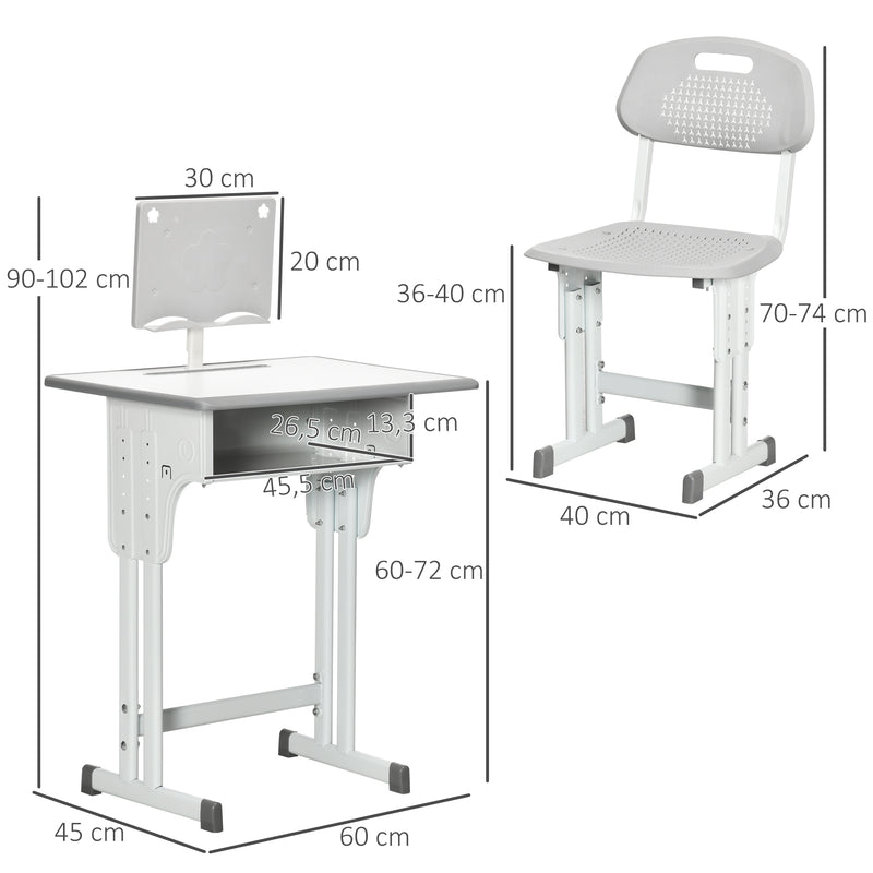 Conjunto de Secretária e Cadeira para Crianças de 6-12 Anos Secretária Infantil com Altura Ajustável 1 Gaveta 1 Suporte para Lápis e 1 Prateleira para Livros 60x45x90-120 cm Cinza