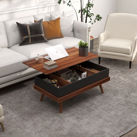 Mesa de Centro Elevatória Mesa de Centro Sala de Estar com 3 Compartimentos de Armazenamento Ocultos e Pés de Madeira para Escritório Dormitório 100x79x54 cm Marrom e Preto