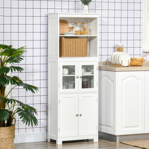 Armário de Cozinha com 2 Portas de Vidro Temperado 2 Prateleiras Abertas e Armário com Prateleira Ajustável para Sala de Estar 60x30x162 cm Branco