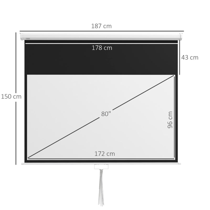 Tela de Projeção Manual 80 polegadas Tela de Projeção Portátil Formato 16:9 com Altura Ajustável para Interior e Exterior Cinema em Casa 187x8x150 cm Branco