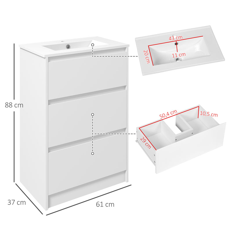 Móvel de Casa de Banho com Lavatório Armário Casa de Banho de Cerâmica Sintética com 2 Gavetas 61x37x88 cm Branco Brilhante