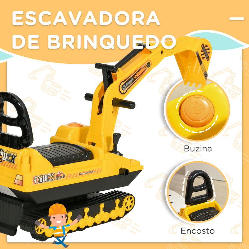 Escavadora sem Pedais com Braço Móvil Carro Andador com Assento de Armazenamento Pá Dianteira e Buzina Carga Máxima 30 kg 78x24x58,5 cm Amarelo