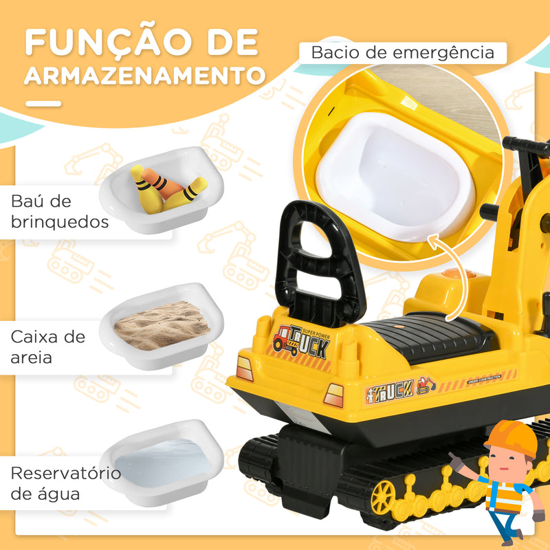 Escavadora sem Pedais com Braço Móvil Carro Andador com Assento de Armazenamento Pá Dianteira e Buzina Carga Máxima 30 kg 78x24x58,5 cm Amarelo