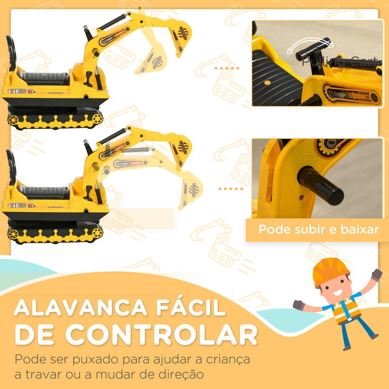 Escavadora sem Pedais com Braço Móvil Carro Andador com Assento de Armazenamento Pá Dianteira e Buzina Carga Máxima 30 kg 78x24x58,5 cm Amarelo