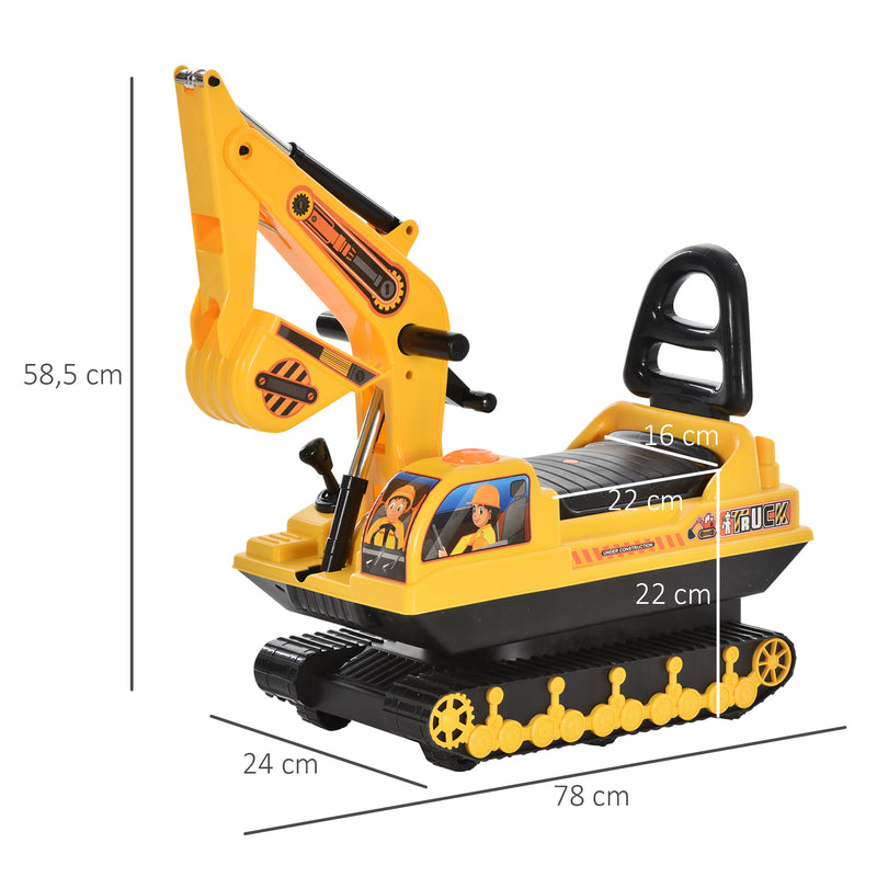 Escavadora sem Pedais com Braço Móvil Carro Andador com Assento de Armazenamento Pá Dianteira e Buzina Carga Máxima 30 kg 78x24x58,5 cm Amarelo