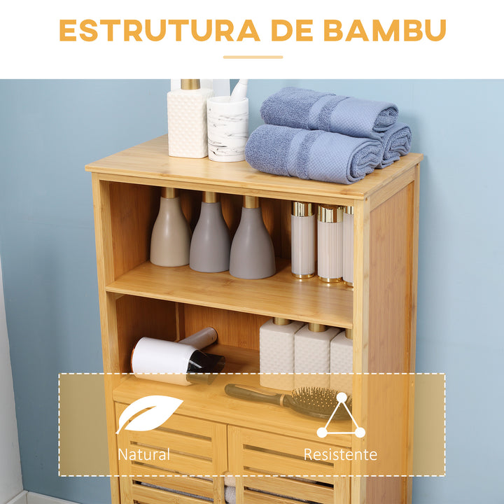 Armário Casa de Banho de Bambu Móvel Auxiliar Casa de Banho com 2 Portas 2 Prateleiras Abertas e Pés Elevados 50x29x92 cm Madeira