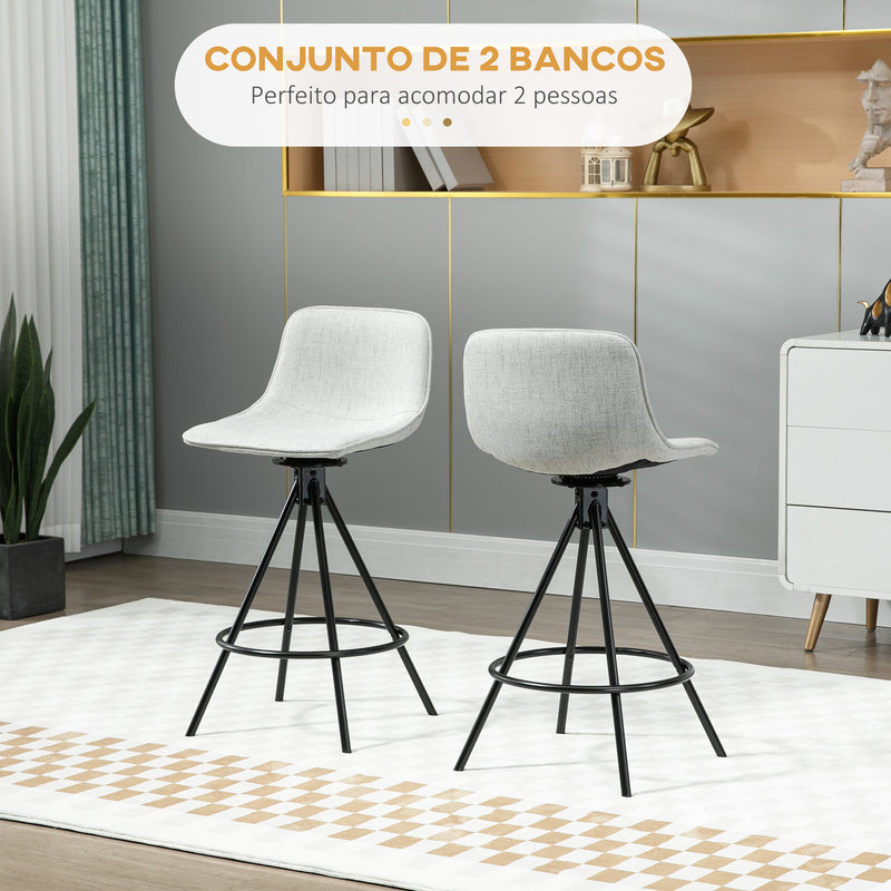 Conjunto de 2 Bancos Altos de Cozinha com Assento Giratório Bancos de Bar Estofados com Tato de Linho e Encosto e Pés de Aço para Sala de Jantar 41,5x47,5x90 cm Cinza Claro