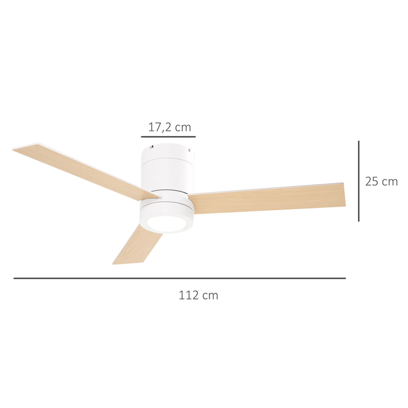 Ventoinha de Teto 48W com Luz LED Controle Remoto 3 Velocidades Temporizador 3 Lâminas de Madeira para Dormitório Sala de Estar Sala de Jantar Ø112x25cm Branco