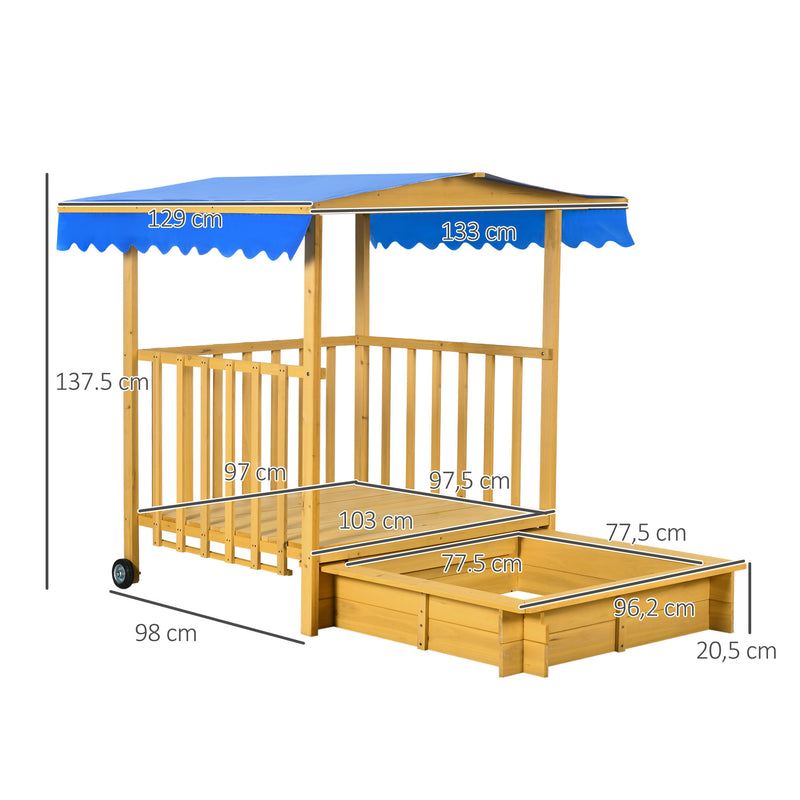 Caixa de Areia para Crianças com Varanda de Madeira Teto e Rodas Caixa de Areia Infantil para Crianças de 3-8 Anos para Jardim Pátio 133x129x137,5 cm Madeira