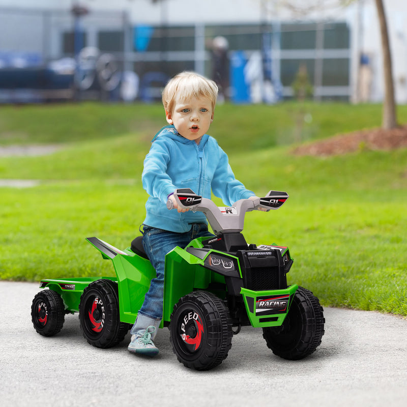 Quadriciclo Elétrico para Crianças com Reboque a Bateria 6V Carro Elétrico para Crianças de 18-36 Meses com Velocidade 2,5 km/h Carga Máxima 106x41,5x48,5 cm Verde