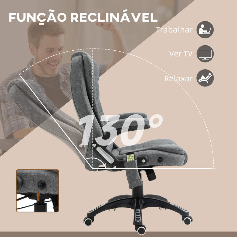 Cadeira de Massagem com 6 Pontos de Massagem Cadeira de Escritório Reclinável até 130° com Função de Aquecimento Altura Ajustável e Rodas para Estúdio 68x72x110-120 cm Cinza